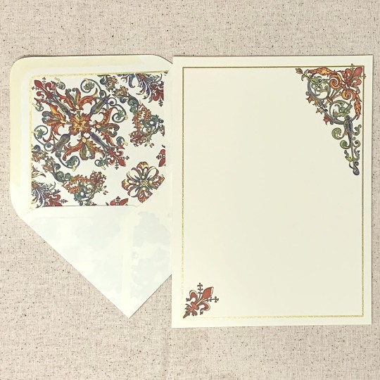 Italian Stationery Letter Writing Set in Portfolio ~ 10 sheets + 10 envelopes ~ Colorful Florentine Design with Gold Highlights